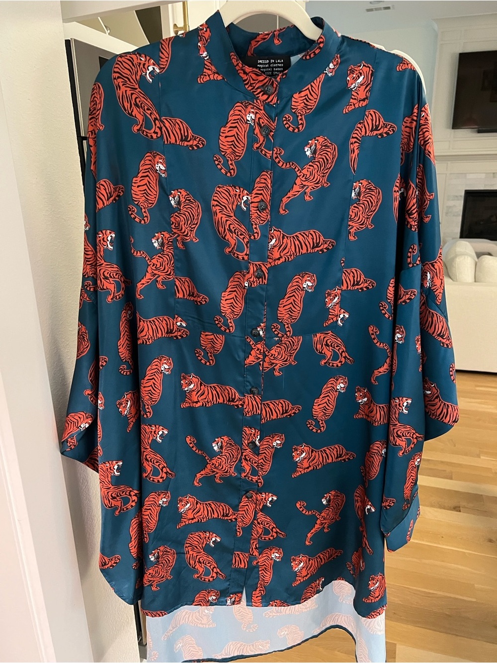 Dressed in LALA Teal Button-Front Top with Red Tiger Print